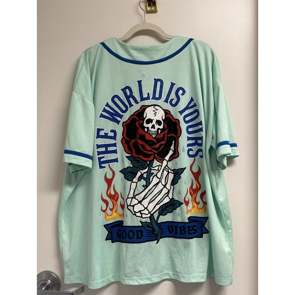 NWOT 2XL The World Is Yours Good Vibes Skull Roses Mens Jersey XXL